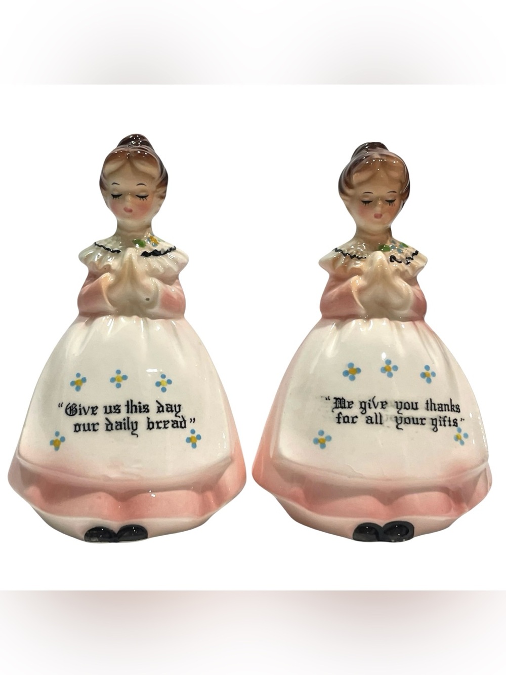 Vintage 1960s Enesco Kitschy Kitchen Prayer Ladies Salt and Pepper Shaker Set